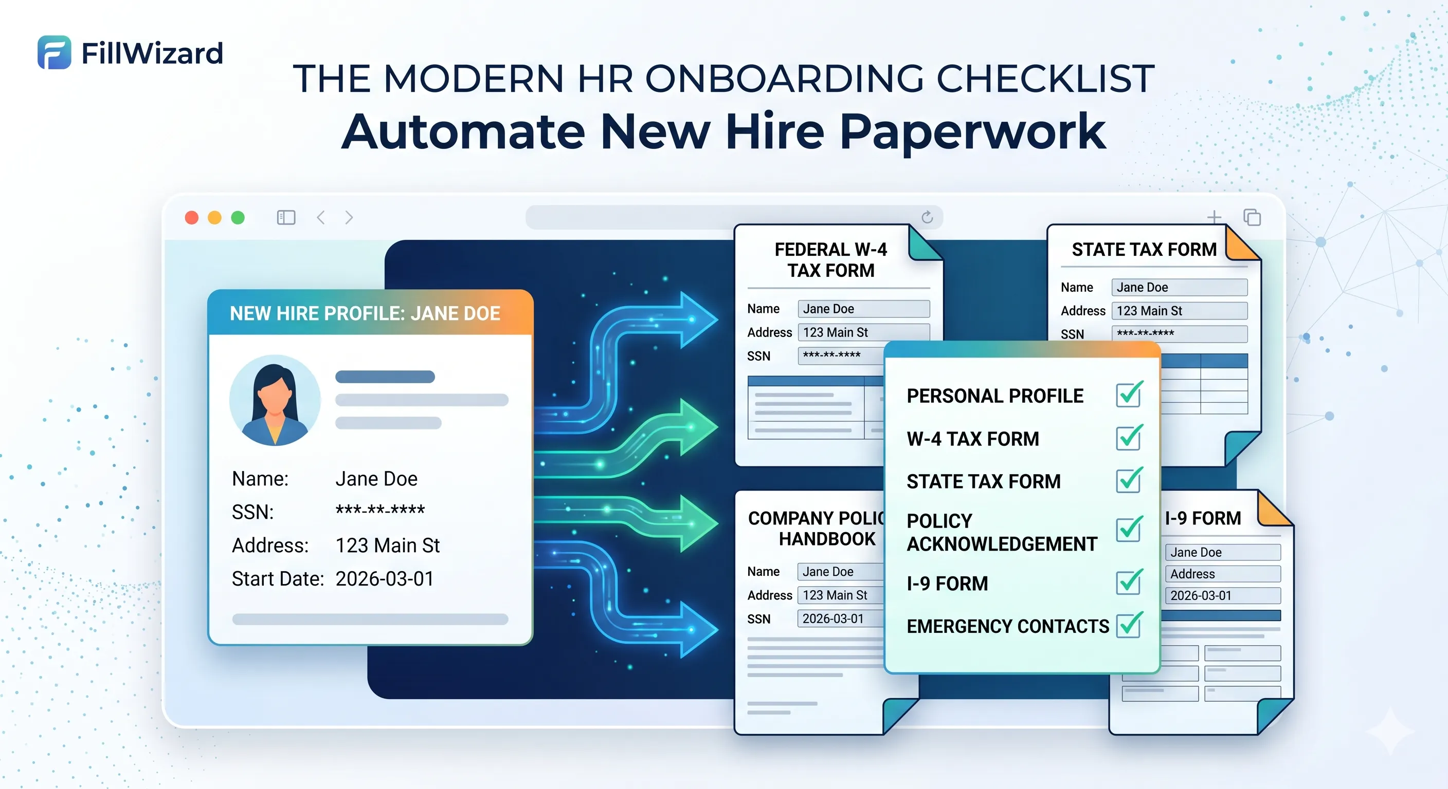 An illustration of an HR onboarding checklist, showing a new hire's profile automatically populating tax forms and company policy documents.