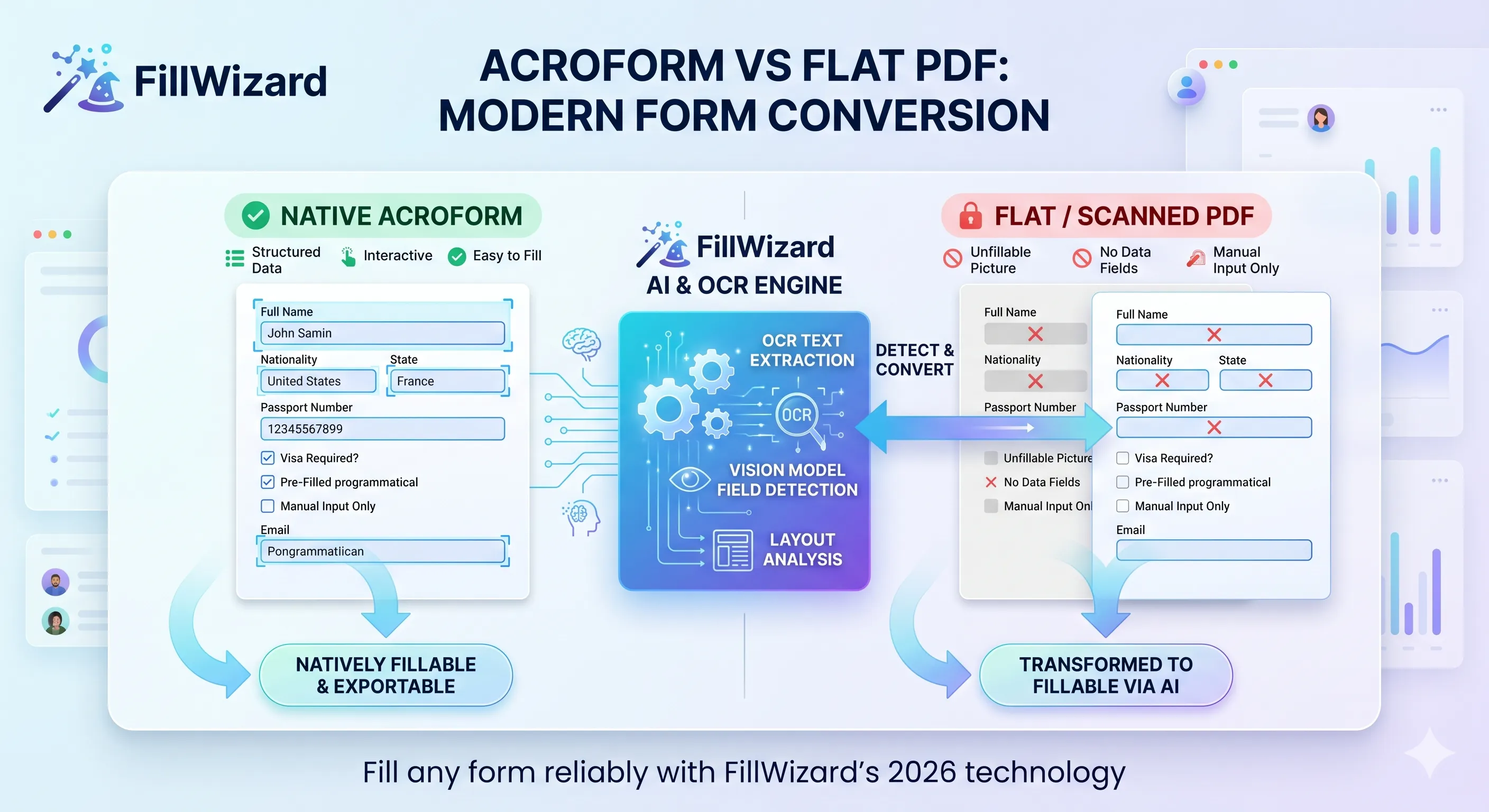 Side-by-side comparison of FillWizard, Adobe Acrobat, and DocuSign showing their strengths and overlap.